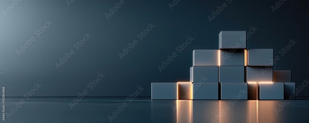 Poster Geometric pattern design abstract background idea. A stack of illuminated boxes against a dark backdrop creating a modern industrial effect.