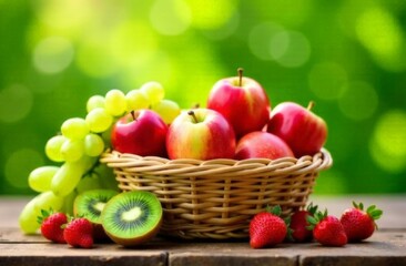 Basket filled with colorful fruits - apples, grapes, strawberries and kiwi.  On a wooden table against the background of a green garden in sunny day