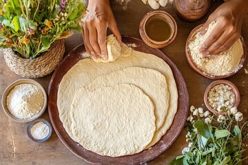 Fototapeta premium Hands Kneading Dough for Flatbreads on a Wooden Surface With Simple Ingredients in Bright Natural Light