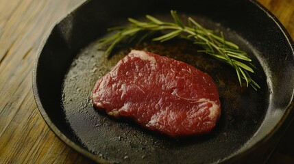 Fresh Raw Beef Steak with Rosemary Herb on Cast Iron Skillet for Gourmet Cooking Preparation