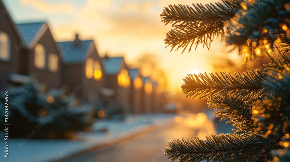 Poster sunlight filters through branches of evergreen trees, illuminating a quiet winter street. charming h
