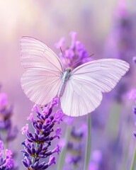 Naklejka premium A delicate white butterfly rests on vibrant lavender flowers, creating a serene and colorful nature scene.