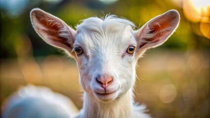 Close-up Portrait of a White Baby Goat, Adorable Farm Animal Photography