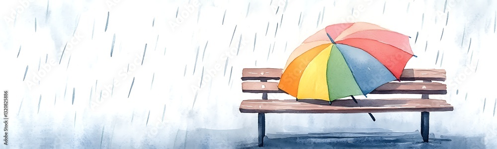 Poster a colorful umbrella sits on a bench in the rain, creating a serene, reflective atmosphere.