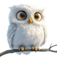 Fluffy 3D Cartoon Owl Sitting on Branch Isolated on Transparent Background