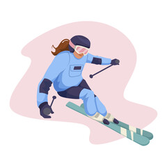 Skier in blue suit and goggles skiing downhill with poles on abstract pink background. Winter sports and skiing concept. Vector illustration