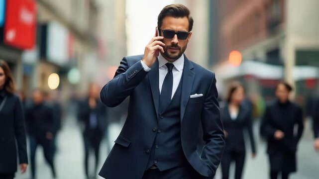 A resolute businessman striding purposefully along a bustling street, engaged in a phone call amidst the blurred figures surrounding him