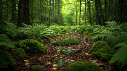Obraz premium massive ferns and moss covering the forest floor, green, overgrowth, mossy stones.