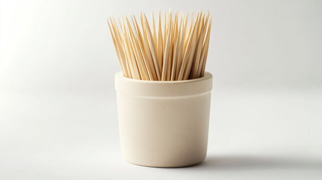 Wooden toothpicks in a small cream-colored container