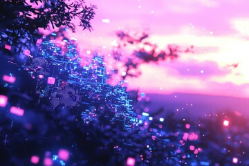 Abstract technological landscape with a futuristic digital network over a pink and blue sky, creating a vibrant and surreal representation of modern connectivity.