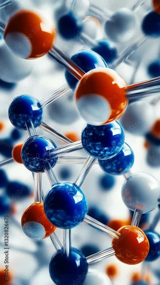Poster a molecular structure featuring a network of interconnected spheres representing atoms or molecules