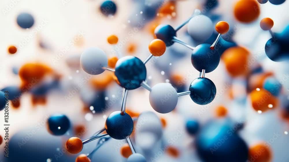 Poster a molecular structure featuring a network of interconnected spheres representing atoms or molecules
