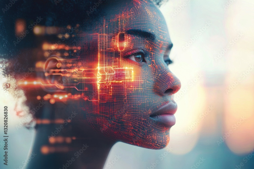 Poster close-up profile of a woman with digital circuit pattern on her face, representing artificial intell