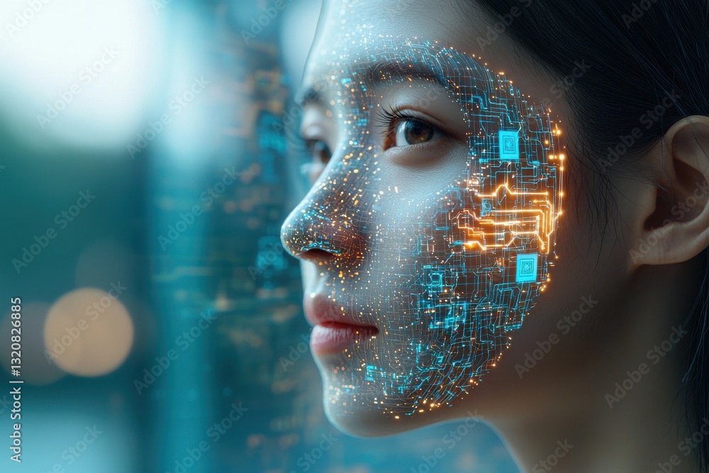 Poster a close-up profile of a woman's face with an overlay of glowing digital circuitry, representing tech