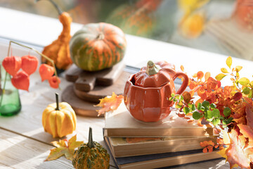 Ceramic pumpkin shaped teapot resting on book stack, surrounded by autumn leaves, gourds, physalis...