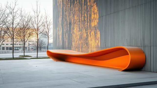 Modern orange bench on a concrete floor in front of a tall building. the bench is curved and has a sleek design with a curved backrest and armrests.