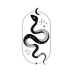 Mystical snake tattoo design featuring celestial elements in a doodle style