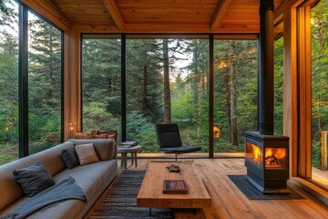 Fototapeta premium Cozy secluded lodge in the forest featuring a warm wood-burning stove, perfect for a peaceful retreat.