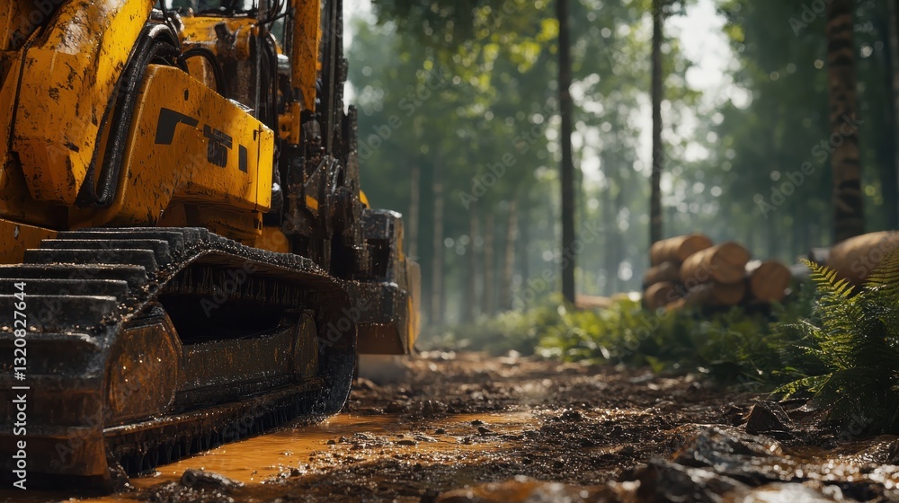 Poster excavator machine in forest setting with soft light, muddy ground, and cut timber in background