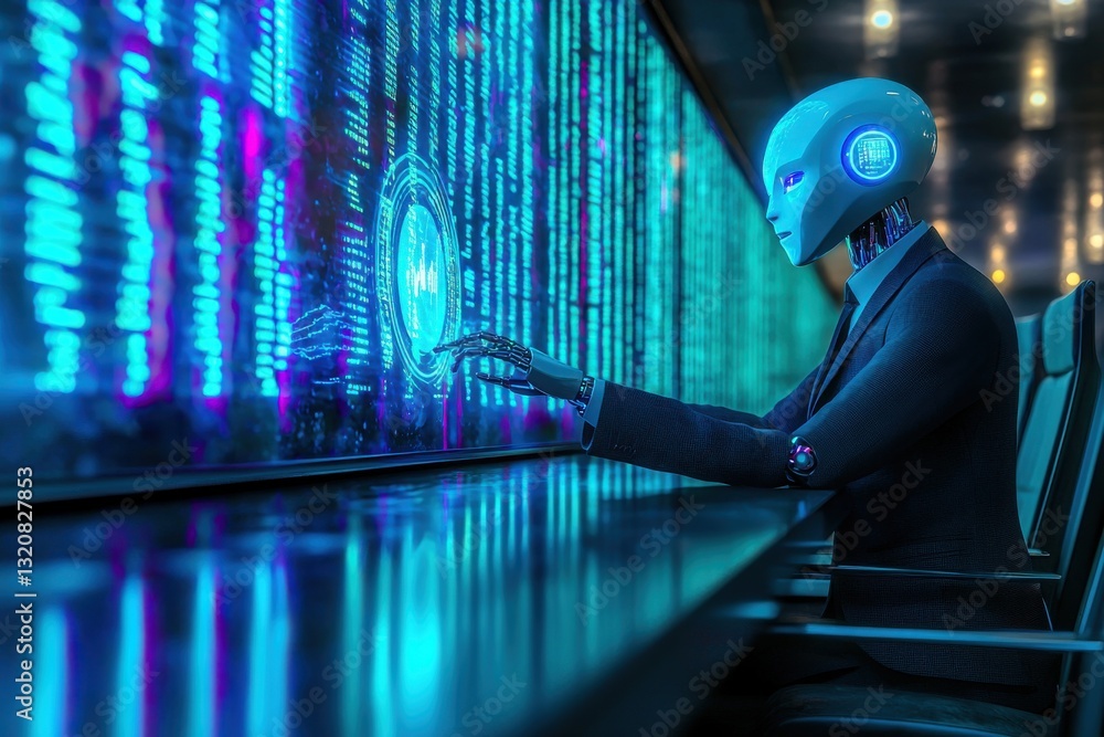 Poster futuristic blue robot analyzes data on a digital screen in a corporate office, displaying advanced t