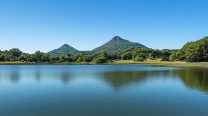 Obraz premium A scenic lake nestled in the green hills near the Auvergne volcano, reflecting the clear blue sky.