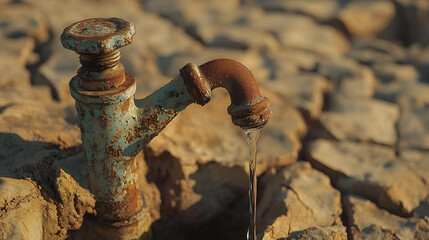 Old rusted faucet dripping water over dry, cracked ground, signifying the urgency of addressing water wastage in the face of drought.