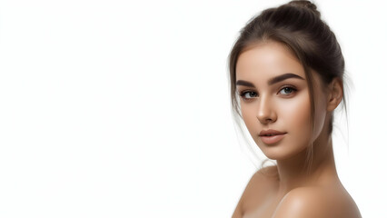 Fototapeta premium Bold Poise in Sharpness: Studio Portrait of a Confident Young Woman, 50mm f/2.8, Gentle Shadows on White, Anti-Aliased Clarity for Editorial Covers and Branding