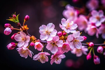 Close-Up Tilt-Shift Cherry Blossom Bloom on Black Background - Serenity in Nature