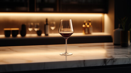 Elegant wine glass with red wine on marble surface in warm ambiance