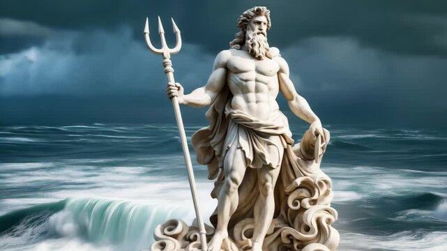 A majestic marble statue of Poseidon (Neptune), the legendary Greek god of the seas, with stormy clouds and a turbulent sea behind