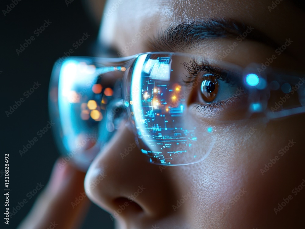 Aufkleber ai-powered vision algorithms. close-up of a person's eye behind futuristic glasses displaying digita