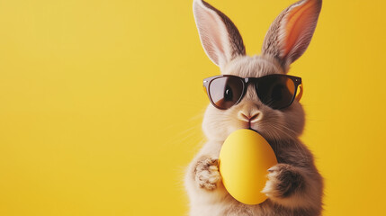 Easter theme, a rabbit wearing sunglasses holding an Easter egg, with a yellow background and reserved text space