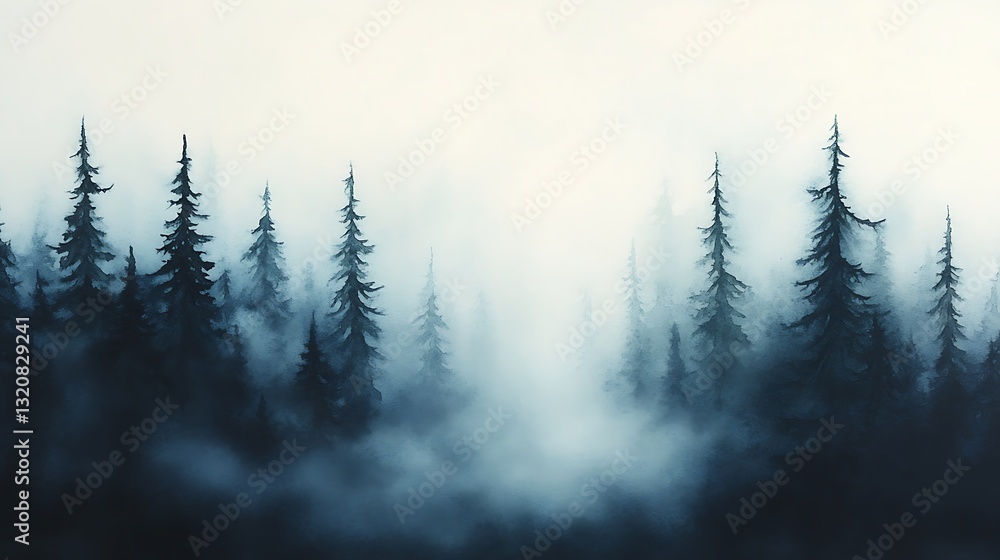 Poster misty forest landscape with tall trees and a mysterious, ethereal atmosphere.