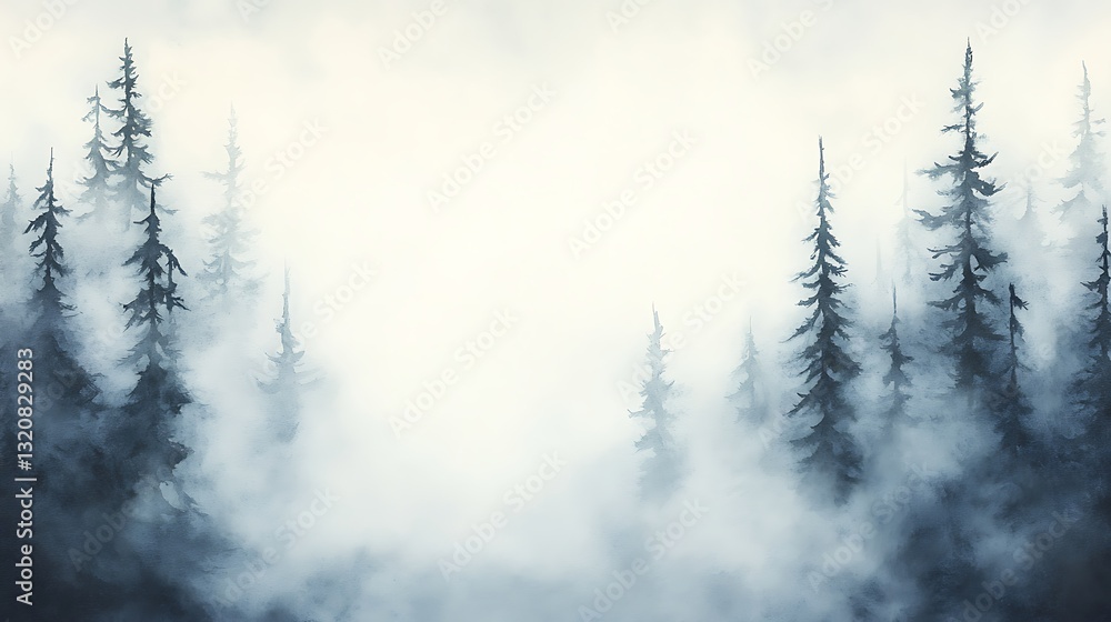 Poster Misty forest with tall trees creating a serene atmosphere.