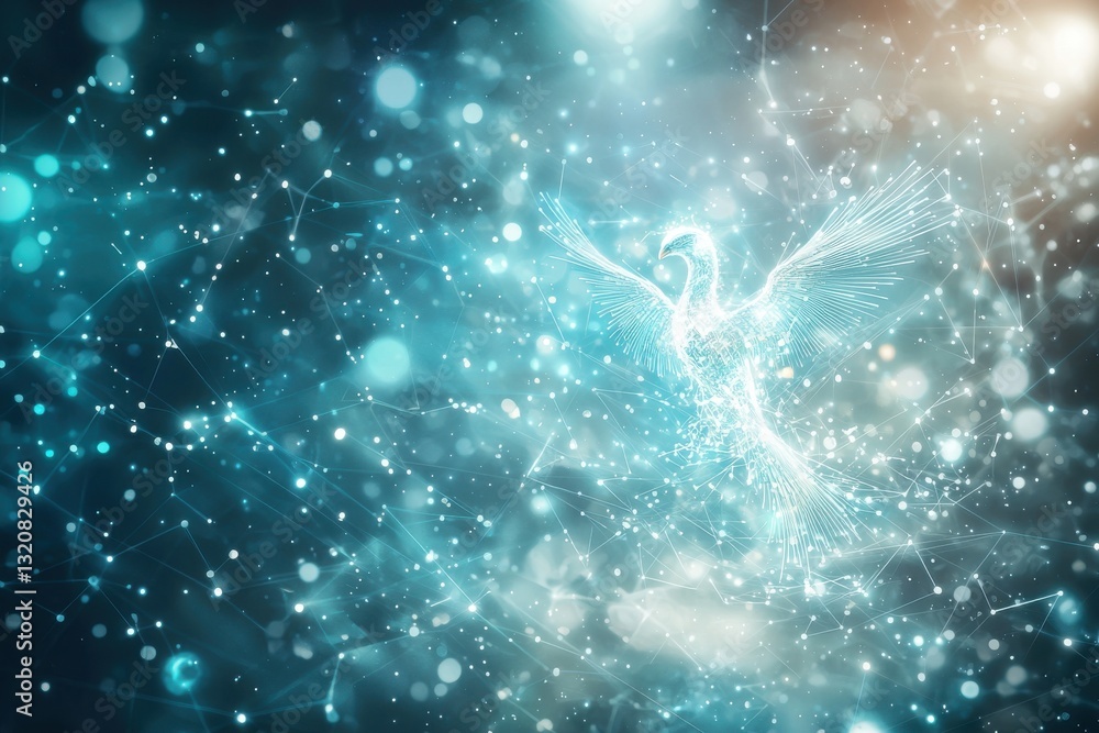 Poster a digitally created phoenix rising from a network of glowing connections, embodying innovation, tech