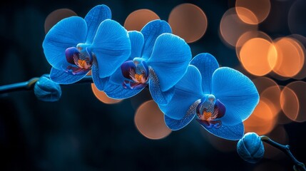 Striking blue orchids elegantly display their petals, illuminated by soft, glowing circles in the background. This captivating moment highlights the beauty of nature's floral designs