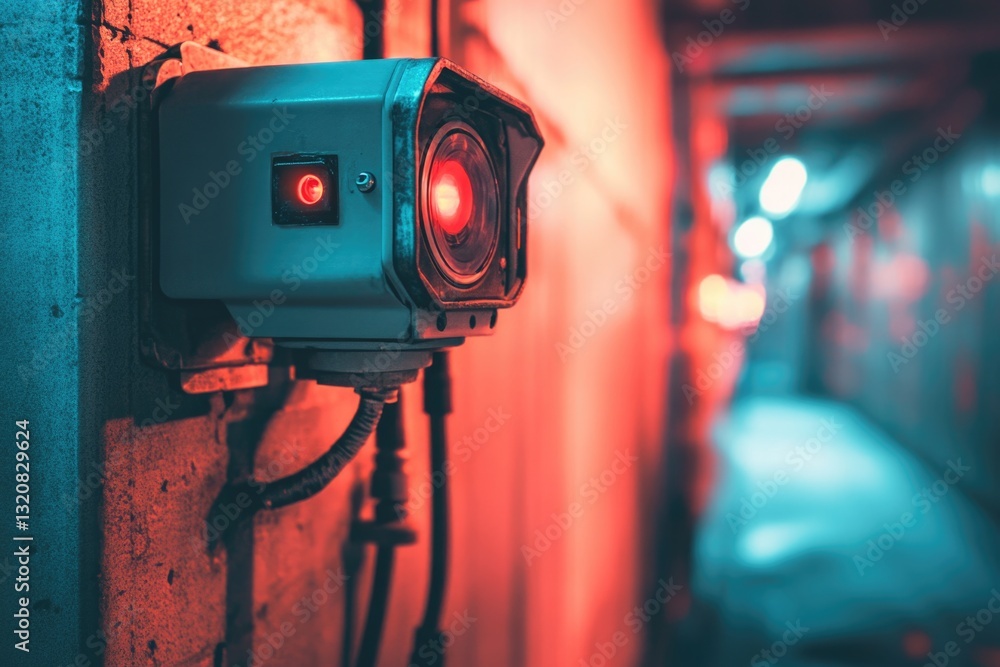 Poster close-up shot of a red light on a brick wall, suitable for use in urban or cityscape contexts