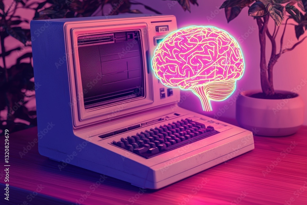Poster retro computer with neon brain, symbolizes artificial intelligence and vintage technology in a vibra
