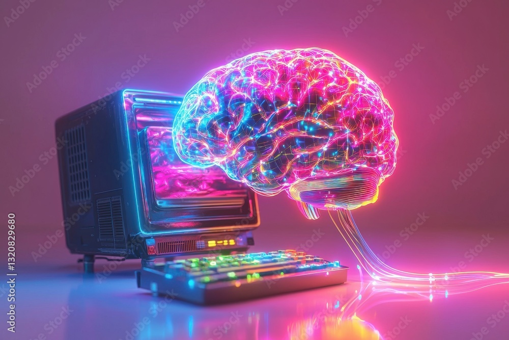 Poster a neon-lit brain connected to an old computer and keyboard, symbolizing artificial intelligence, fut
