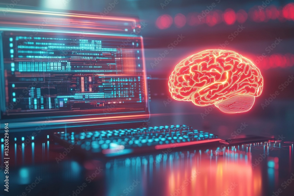 Poster abstract technology with a glowing brain and computer screen displays data, symbolizing artificial i