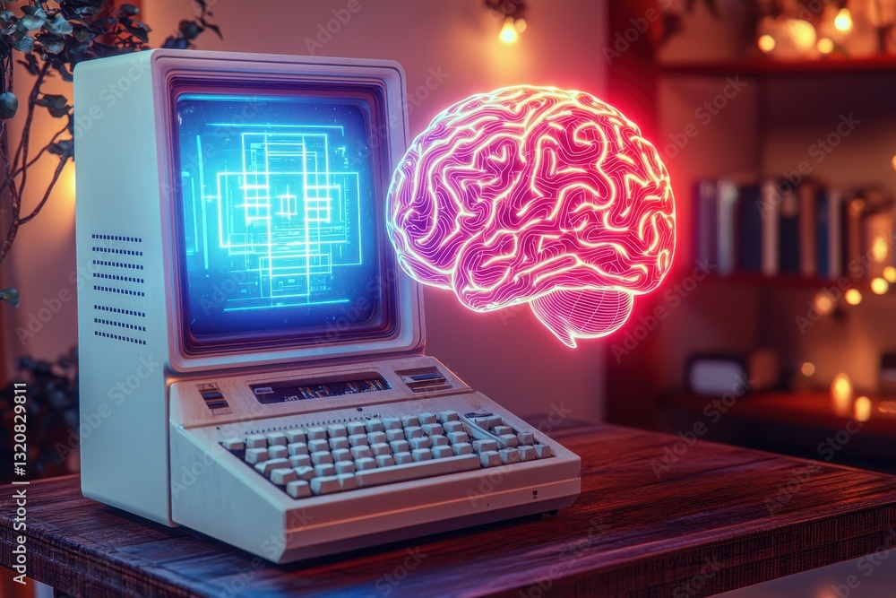 Poster vintage computer with a glowing screen and human brain, reflecting artificial intelligence and futur