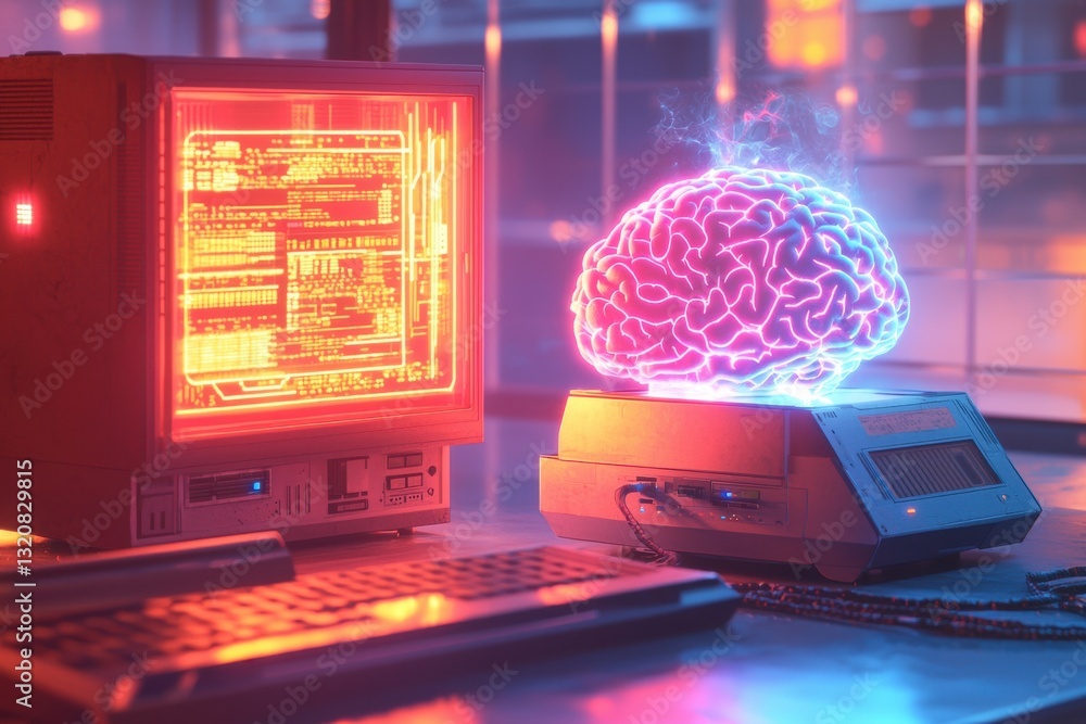 Poster retro computer with glowing code screen and floating brain, symbolizes the fusion of artificial inte