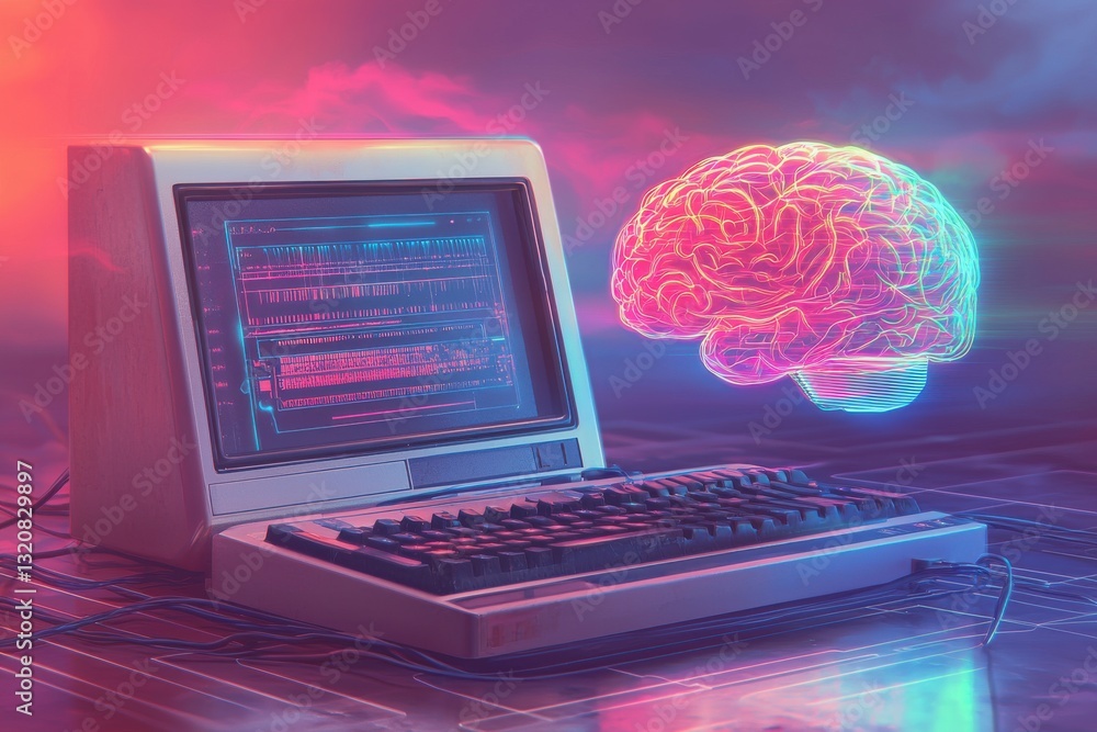 Poster vintage computer displays code alongside neon brain illustration, symbolizing retro technology with 