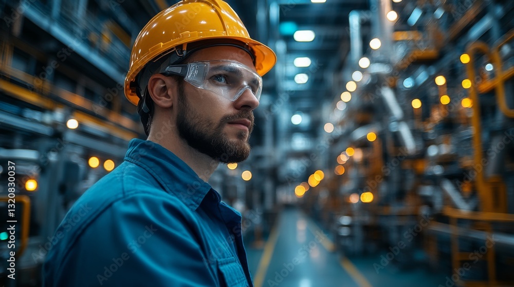 Aufkleber A worker in safety helmet and goggles monitors the automated machinery in a petrochemical refinery, focusing on production efficiency and quality control during after-hours operations.
