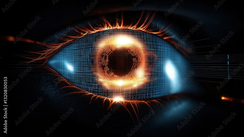 Poster ai-powered vision algorithms. a glowing digital eye surrounded by vibrant sparks and light effects.
