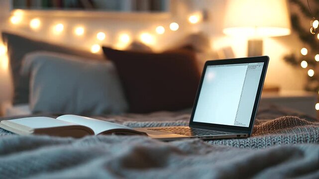 Cozy dorm room setting with student taking notes during lecture