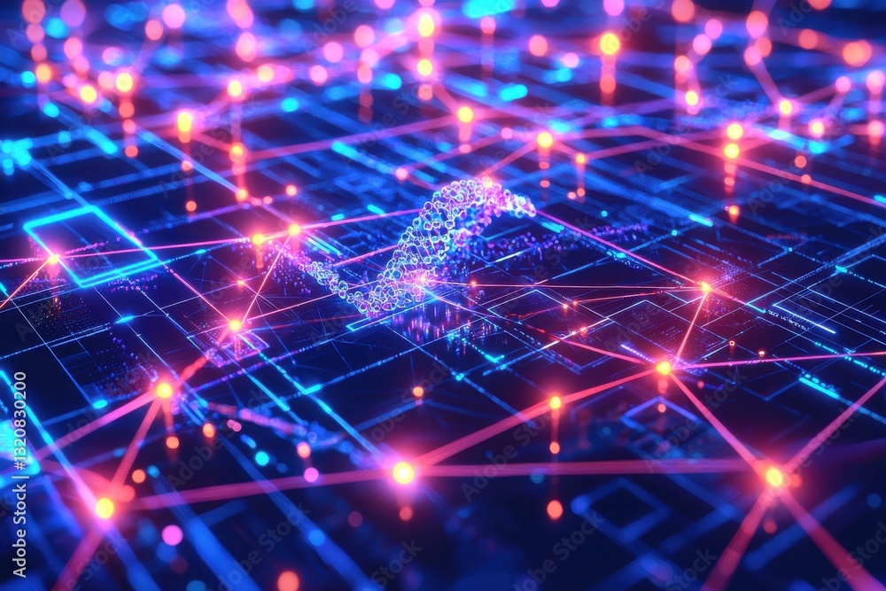 Poster a vibrant and intricate network of interconnected nodes and lines, representing advanced technology,