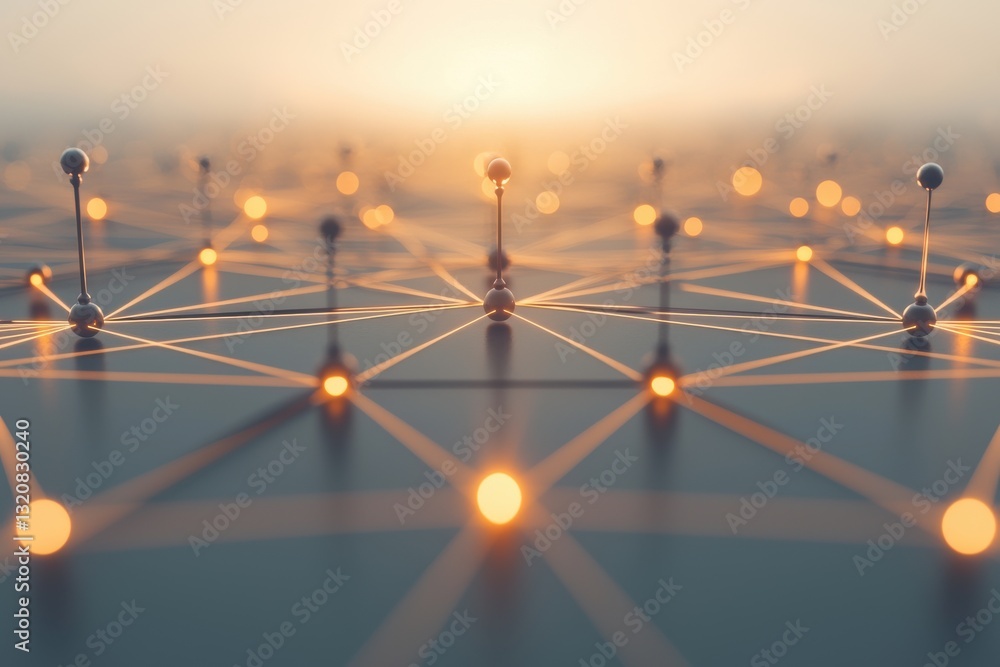 Poster a low-angle shot of an interconnected network with glowing lines and nodes, creating a sense of dept