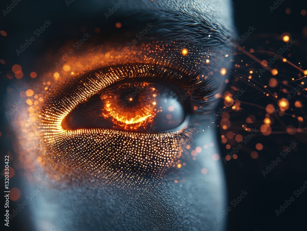 Aufkleber ai-powered vision algorithms. a close-up of a human eye with shimmering, glowing particles around it