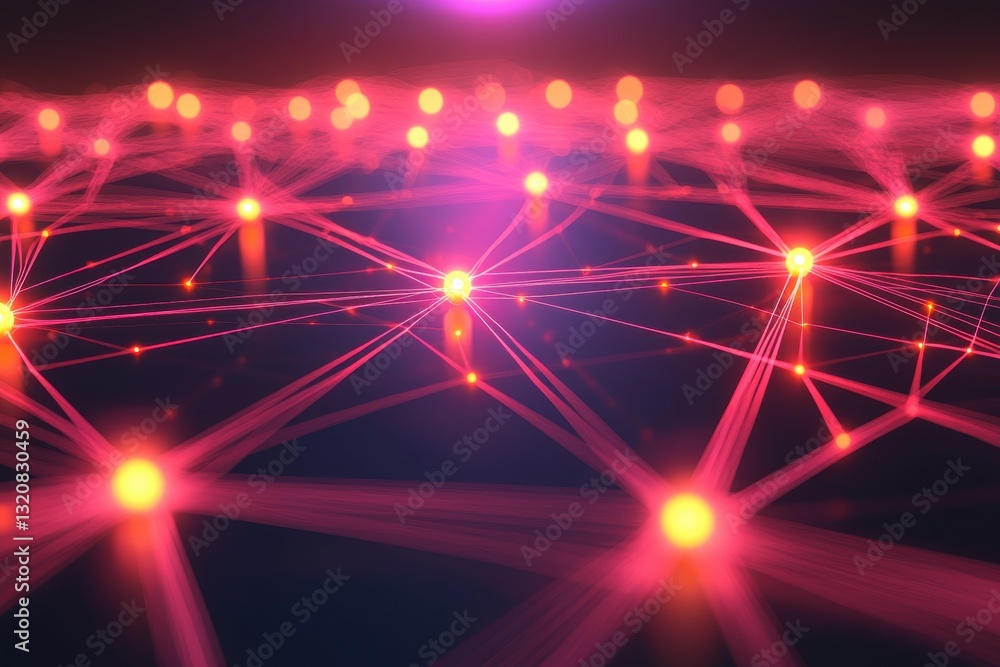 Poster futuristic abstract network background with glowing pink nodes and connecting lines, symbolizing con